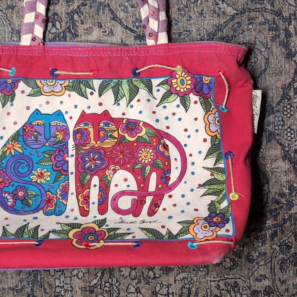 Laurel Burch Canvas Red Pink and Purple Kitty Tote